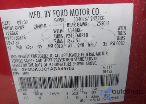 2010 Ford Edge Sel из США, поврежденный, VIN 2FMDK3JC1ABA45756